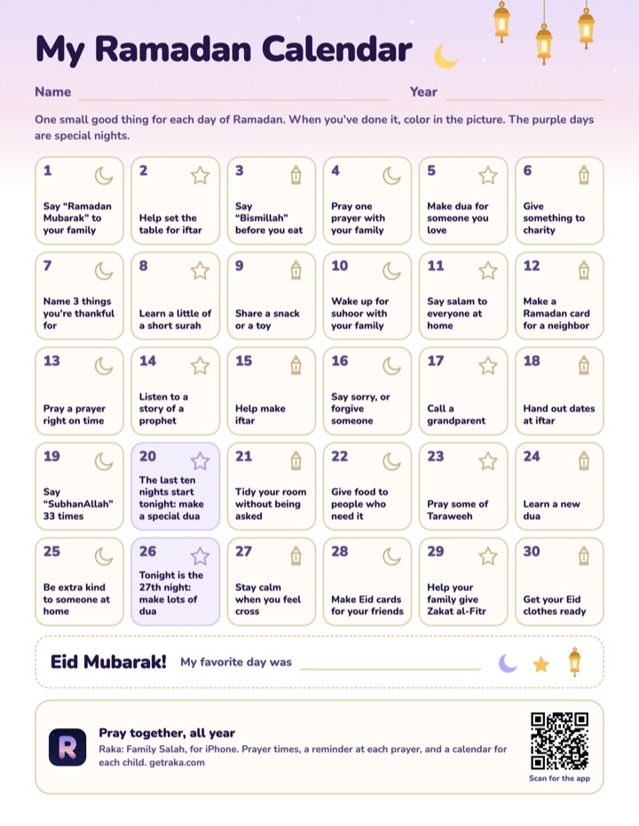 The Ramadan calendar for kids: 30 boxes, one for each day of Ramadan, each with a small good deed and a moon, star or lantern to color in.