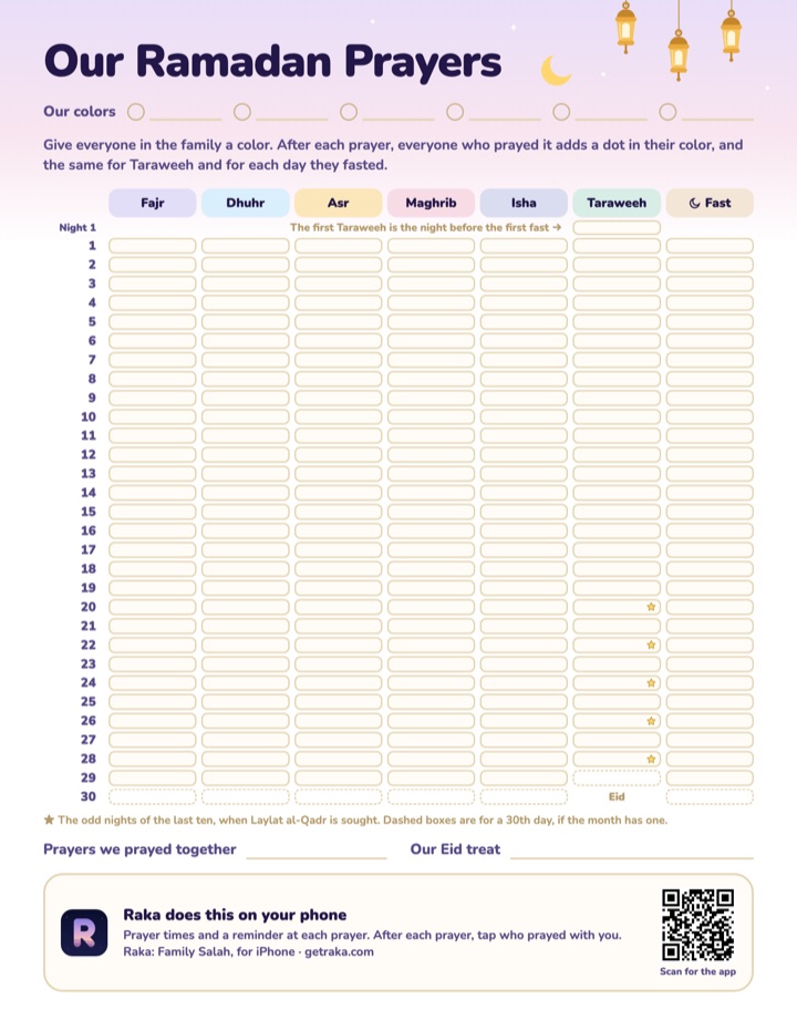 The family Ramadan prayer tracker: a row for each day of Ramadan, with boxes for the five prayers, Taraweeh and the fast, and a color for each person.