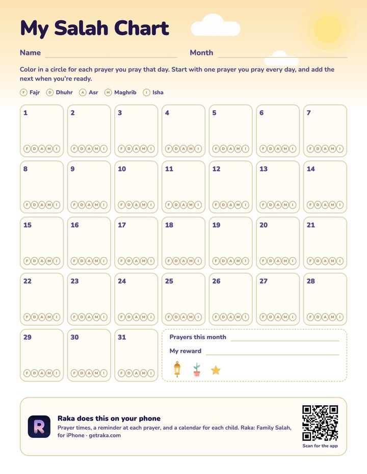 The monthly salah chart: a box for each day from 1 to 31, each with five circles, one for each prayer.