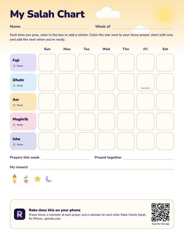 The weekly salah chart: a row for each of the five prayers, a box for each day of the week, and a star to color for the focus prayer.