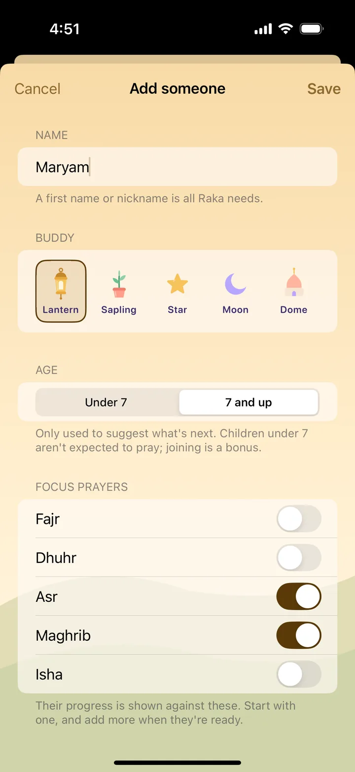 Adding someone in Raka: a name, a buddy, an age range and the prayers they’re starting with
