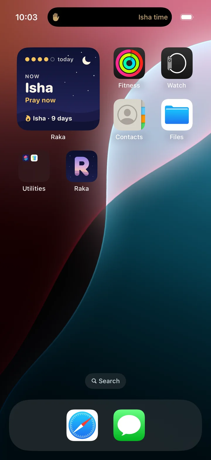 An iPhone Home Screen with Raka’s widget under Isha’s night sky, four of five prayers done, and the Isha Live Activity in the Dynamic Island