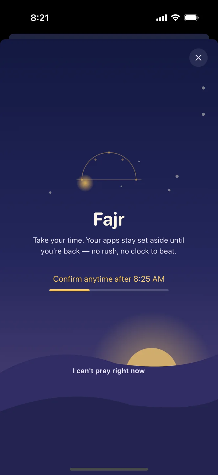Raka’s Salah Mode at Fajr: “Take your time. Your apps stay set aside until you’re back”, with a bar filling until you can confirm