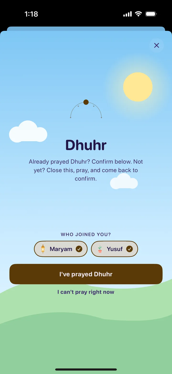 Raka asking who joined you for Dhuhr, with Maryam and Yusuf ticked